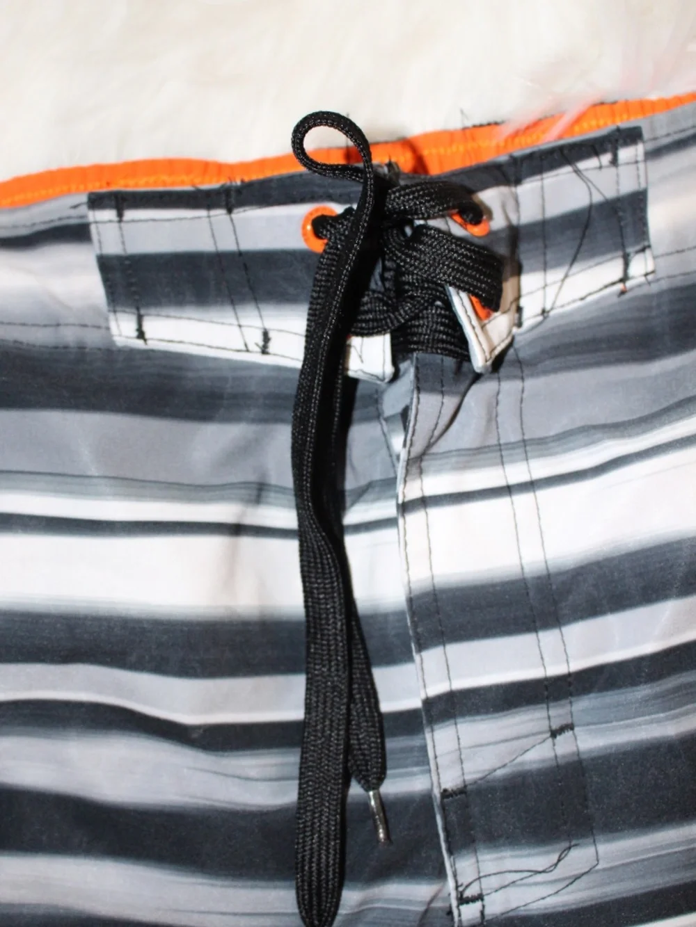 ZeroXPosur  Gray & Black Striped Swim Trunks with Orange Accents